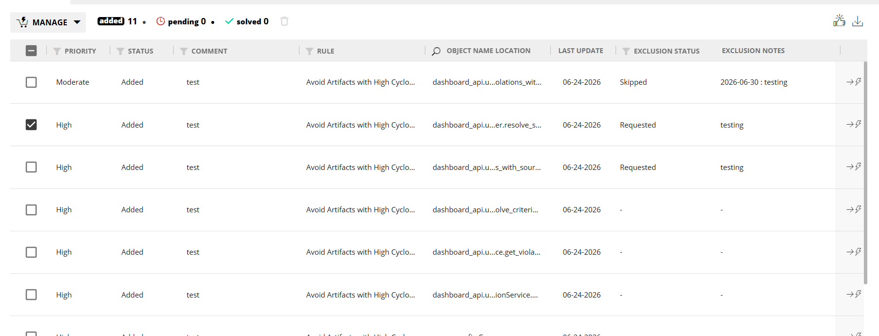 Exclusion Status and Exclusion Notes columns with role-based menu options